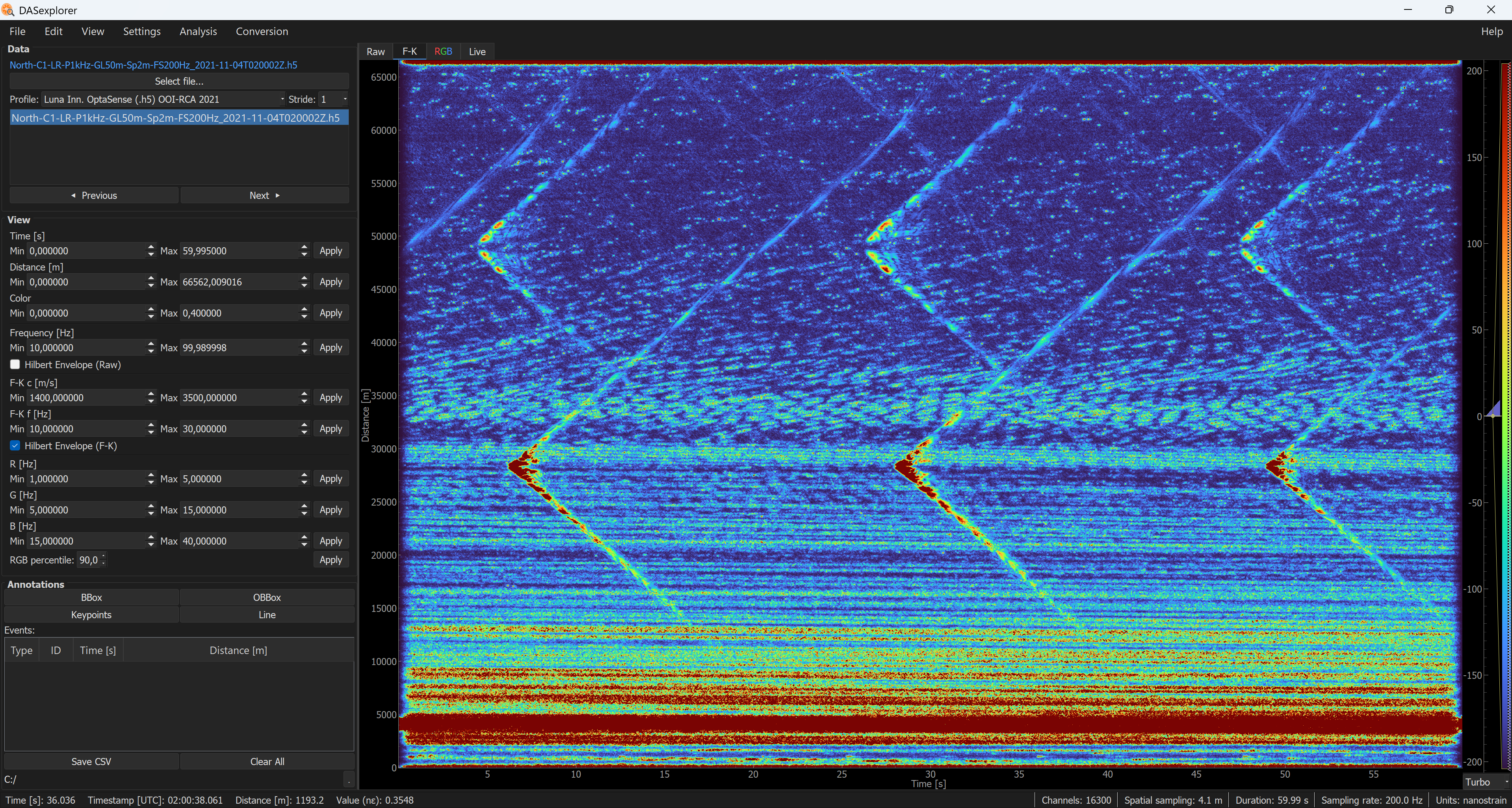 OptaSense default profile with F-K visualization