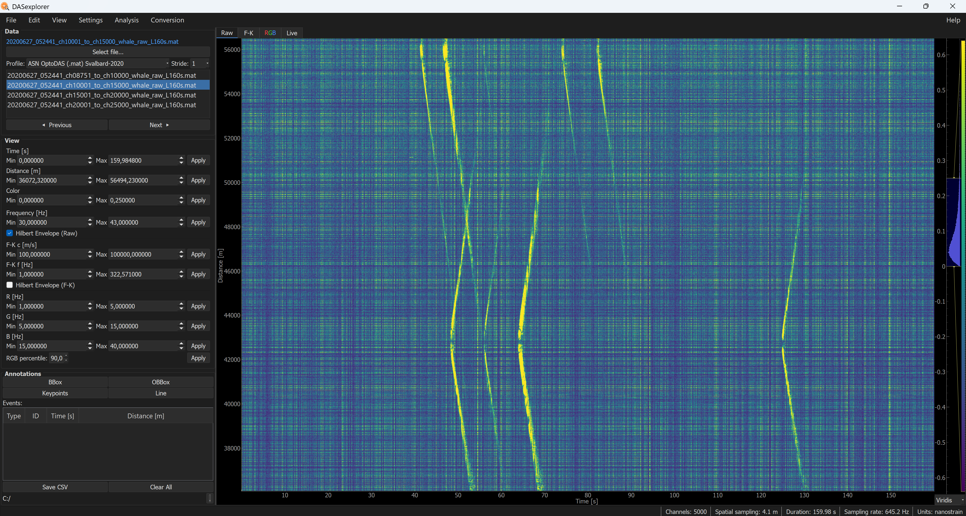 OptoDAS default profile with raw visualization